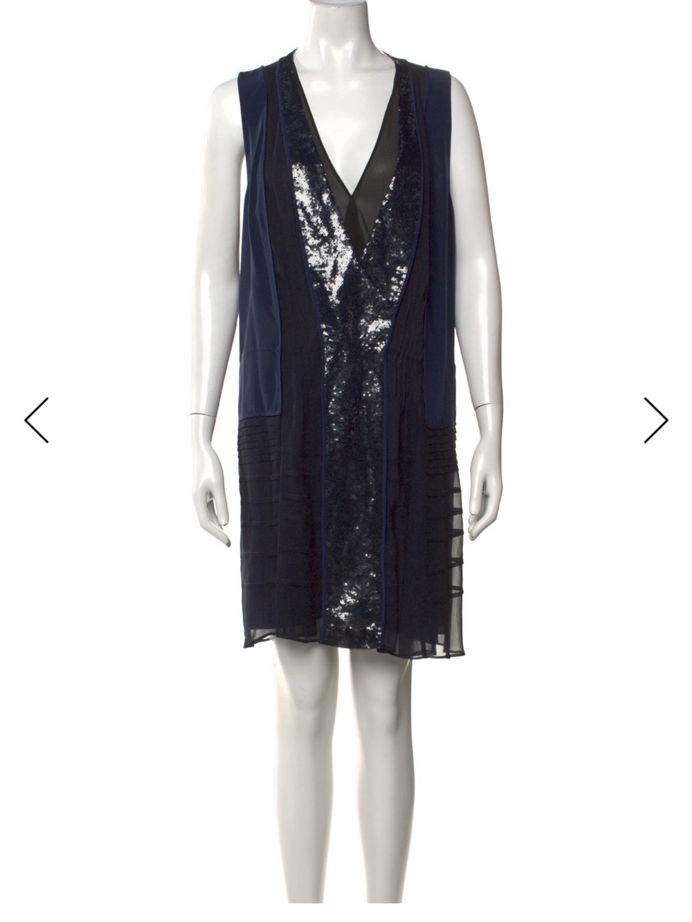 DVF Navy Sleeveless Sequin-Front silk dress